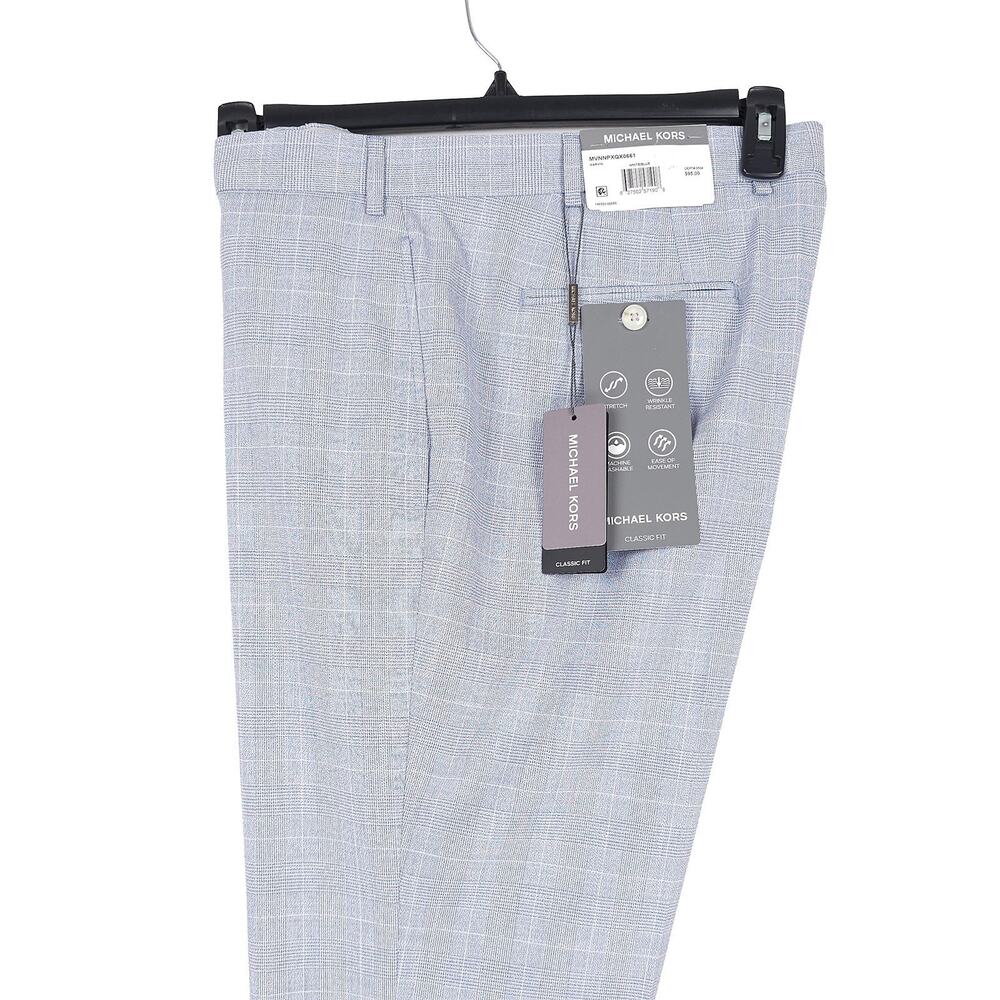 Michael Kors Mens Classic Fit Dress Pants 38x34 White Light Blue Plaid Stretch